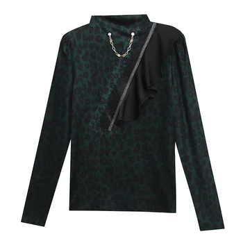 Mozision Dimantu Leopard Print T-krekls Sievietēm Apaļu Apkakles Rāvējslēdzēju, garām Piedurknēm Savirmot Top Dāmas Vintage Slim Kokvilnas Džemperis
