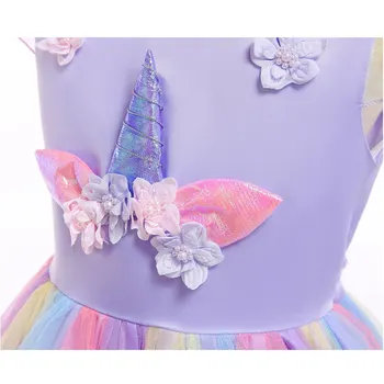MUABABY Meitene Unicorn Puse Kleita Peld Piedurknēm Tilla Princešu Tērpi Bērniem, Ziedu Galvas Dzimšanas dienu Saģērbt Drēbes