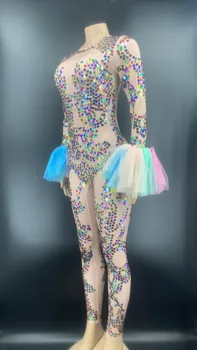 Multi-krāsu Sequin garām Piedurknēm Spandex Jumpsuit Dzimšanas dienu Svinēt Balli Stulpiņi Apģērbs Sieviešu Dejotāju Apģērbs YOUDU