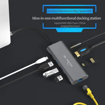 Multi portu, USB 3.0, HDMI un RJ45 Adapteri, lai Sadalītājs 3 Portu Veids PD USB-C C Tipa 3.1 MacBook Pro Piederumi USB C HUB