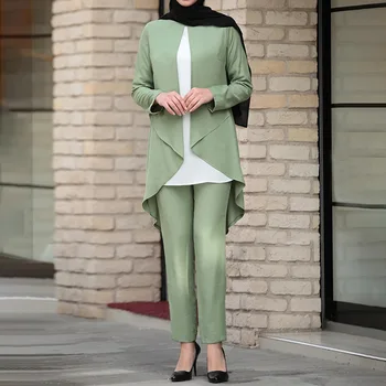 Musulmaņu 2pecs Komplekti Sievietēm, Plus Lieluma Abaya Dubaija Sadalīt Top Bikses Tuvajos Austrumos Kaftan Turcija garām Piedurknēm Islāma Apģērba Puse Kleita