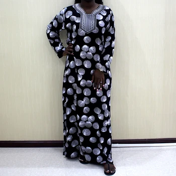 Musulmaņu Modes Āfrikas Kleitas Sievietēm Augstas Kvalitātes Kokvilnas Druka Izšūšana Ar Garām Piedurknēm Maxi Mantija, Melns Modes Gadījuma