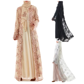 Musulmaņu Tērpu Abaya Dubaija Sievietes Ilgi Sequined Mežģīņu Acu Kimono Jaka Islāma Kleita, Hijab Kaftan Abayas Turku Musulmane Clothi