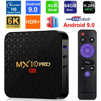 MX10 PRO 6K Android 9.0 Smart TV Kastē Allwinner H6 Quad Core, 4 GB RAM, 64 GB ROM USB3.0 WIFI 3D 6K UHD H. 265 HDR PK T95 MAX Q Plus