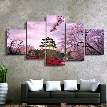 Mājas Apdare Attēli Vintage 5 Panelis Ķiršu Ziedu Japānas Sistēmu Gleznas Uz Audekla Plakāti Un Izdrukas Uz Sienas