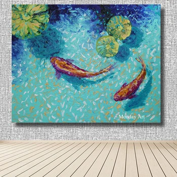 Mākslinieka Roku apgleznotas Koi Karpas, Eļļas Glezna uz Audekla Ķīniešu, Zivju, karpu dzimtas zivis, Eļļas Glezna roku darbs Zivis, Eļļas Glezna, lai dzīvojamā istaba