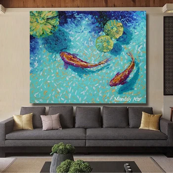 Mākslinieka Roku apgleznotas Koi Karpas, Eļļas Glezna uz Audekla Ķīniešu, Zivju, karpu dzimtas zivis, Eļļas Glezna roku darbs Zivis, Eļļas Glezna, lai dzīvojamā istaba