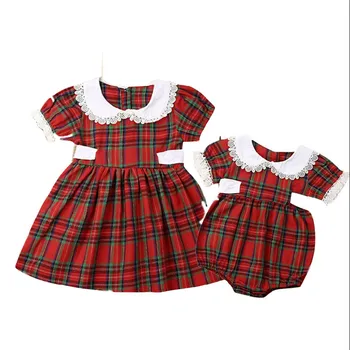 Māsa Matching Apģērbs Kid Baby Meitene Sarkanā Pledi Romper Kleita Peter pan Apkakli Ziemassvētki Apģērbi
