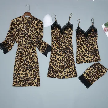 Mīksto Sieviešu Peldmētelis Kimono Kleita Leopards Sleepwear Gadījuma Nightdress Sexy Naktskrekls Zaudēt Lougne 5GAB Drēbes Uzvalku Mājas Drēbes