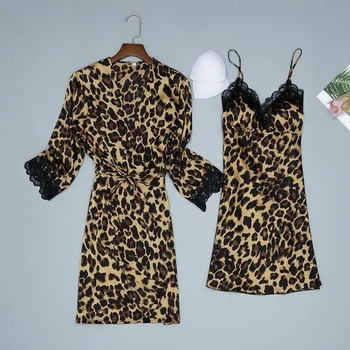 Mīksto Sieviešu Peldmētelis Kimono Kleita Leopards Sleepwear Gadījuma Nightdress Sexy Naktskrekls Zaudēt Lougne 5GAB Drēbes Uzvalku Mājas Drēbes