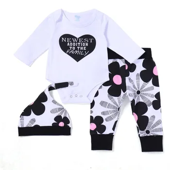 Mīlestība modelis Bobysuit+Ziedu Bikses+Cepure Jaunākais Papildinājums ģimenes Iespiesti Toddle meiteņu apģērbs 2020. gadam Infant baby girl 3 GAB. Komplekts