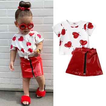 Mīlestība Īsām Piedurknēm Sirds, T-krekls Top Ādas Svārki Apģērbi Apģērbs Valentīna Dienas Toddler Zīdaiņiem Bērniem Zīdaiņu Meiteņu Drēbes, Uzstādīt