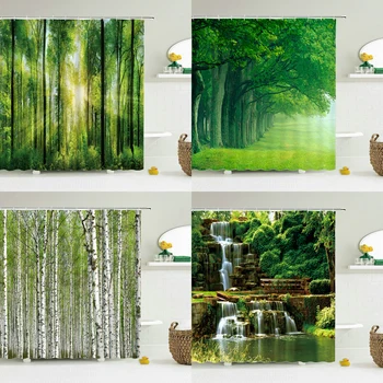 Mūsdienu 3D Drukāšanas Meža Dušas Aizkars Zaļo Augu Koku Ainavu Vannas Aizkaru Ar Āķi Vannas ūdensizturīgs dekorācijas