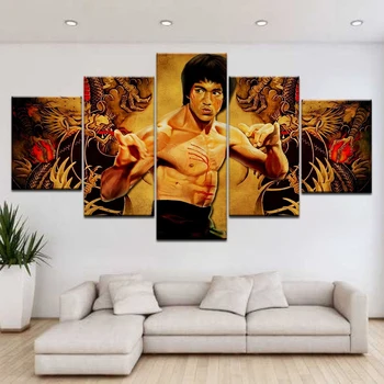 Mūsdienu Audekls HD Iespiesti Mājas Dekoru 5 Panelis Kung Fu Superstar Bruce Lee Plakātu Sistēmu Istabas Sienas Mākslas Glezniecības Bildes