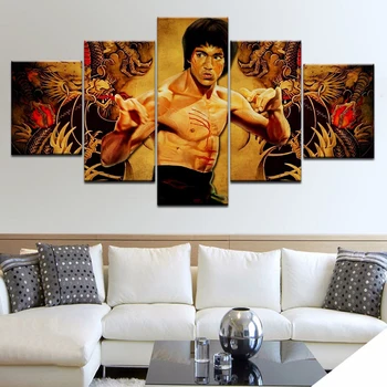 Mūsdienu Audekls HD Iespiesti Mājas Dekoru 5 Panelis Kung Fu Superstar Bruce Lee Plakātu Sistēmu Istabas Sienas Mākslas Glezniecības Bildes