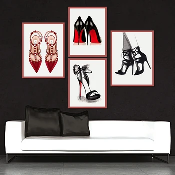 Mūsdienu modes dāma sarkanā augstiem papēžiem minimālisma guļamistaba dekorēšana, sienu apgleznošana audekls iespiešana mājas bezrāmju plakāts