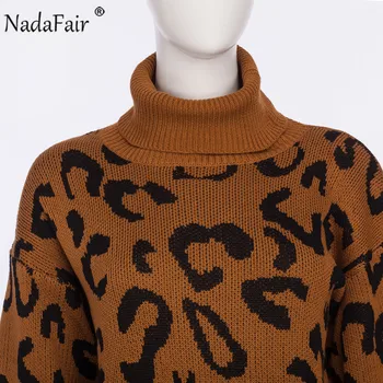 Nadafair Leopard Džemperis Kleita Sievietēm Ar Augstu Kakla Rudens Dzīvnieku Print Zaudēt Gadījuma Trikotāžas-Adītus Ziemas Kleita