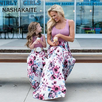 NASHAKAITE Mamma un meita kleita Ģimenes atbilstošas drēbes Ziedu Iespiesti Gara Kleita, Lai Māte Meitu Māmiņa un man drēbes