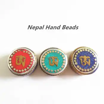 NBB419 Tibetiešu Mantra OM Amuletu Krelles Nepālas Puses, Metāla Pērles Kastīšu Krāsains Akmens 21mm 5GAB Daudz