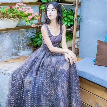 Nekustamā shot korejas vasarā jaunu linga modes tautas vilnis dot printing sieta līmēšana lielās šūpoles kleitu brīvdienu pasaku gara kleita