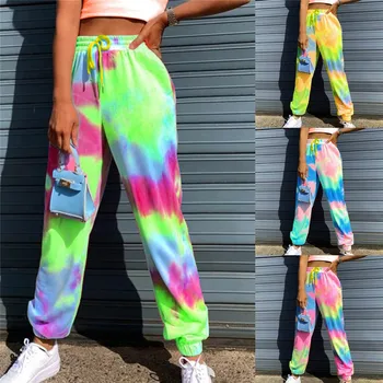 Neona kaklasaišu krāsošanas Joggers Augsta Vidukļa Ilgi Baggy Bikses Sievietēm Treniņbikses Brīvs Bikses 2020. Gada Vasaras Mežģīnes Augšu, Bikses Streetwear Drēbes uz Augšu