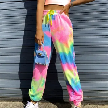 Neona kaklasaišu krāsošanas Joggers Augsta Vidukļa Ilgi Baggy Bikses Sievietēm Treniņbikses Brīvs Bikses 2020. Gada Vasaras Mežģīnes Augšu, Bikses Streetwear Drēbes uz Augšu