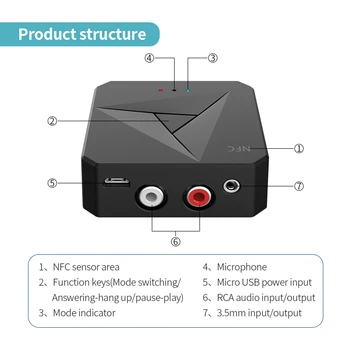 NFC Bluetooth 5.0 Audio Uztvērējs, Raidītājs Stereo 3,5 mm AUX RCA Ligzdu, Bezvadu Adapteri Dongle Ar Mic Auto TV PC Skaļruņi