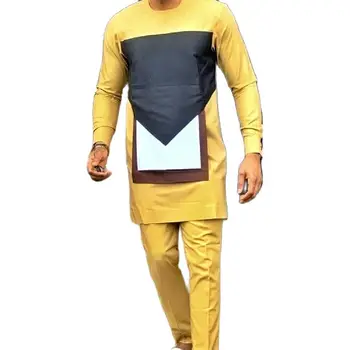 Nigērijas Stilu Savārstījums Vīriešu Tops+Dzeltenas Bikses Āfrikas Modes Vīrieša Elsas Uzvalki Custom Kāzu Puse Apģērbs