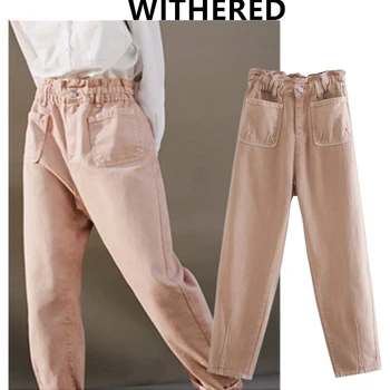 Nokalta mamma džinsi sieviete anglijā vintage stila kabatām zaudēt augsta vidukļa džinsus savākt vidukļa gadījuma draugs džinsi sievietēm