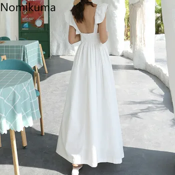Nomikuma V Kakla Piedurknēm Līnija Balta Kleita Sievietēm tīrtoņa Krāsu Backless Bohēmijas Kleitas, Elegants Modes Pludmales Stilu 3a759