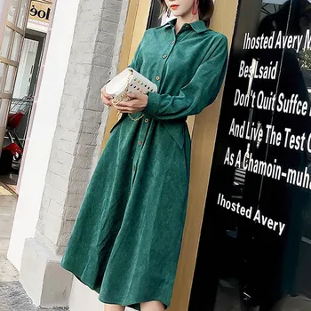 NORMOV 2019 Rudens Ziemas Garš Krekls, Kleita Sievietēm ar garām Piedurknēm Vintage Green Savukārt Apkakle Josta vienkrāsainu Pogu Kleita