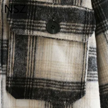 NSZ sieviešu tvīda Anglijas stila lielgabarīta pleds overshirt jaka vilnas maisījums rudenī mētelis pārbauda, kreklu, virsdrēbju