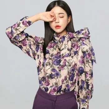 NWinter Elegantu Loku Lentes Blūzes Sieviešu 2019 Jaunu korejiešu Stilā Ziedu, Ziedu Krekli OLA Birojs Valkā Pavada Darba virsmām