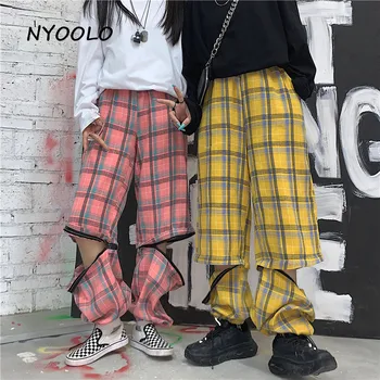 NYOOLO Harajuku hip hop pleds augsta vidukļa rāvējslēdzēju plaša kāju bikses sieviešu vīriešu Rudens streetwear zaudēt elastīgs viduklis jogger bikses