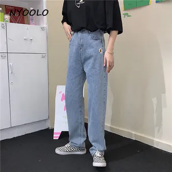 NYOOLO Harajuku stils ulzzang daisy izšuvumi džinsa bikses sieviešu vīriešu Ikdienas streetwear augsto vidukli, pilna garuma Taisni džinsi