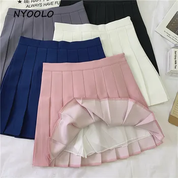 NYOOLO Preppy stils, augstā vidukļa pakete hip cietā svārki Vasaras Kroku-line mini svārki sieviešu apģērba Skolas Meiteņu Tērpi