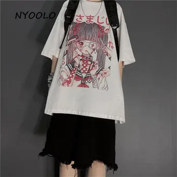 NYOOLO Vintage streetwear anime Cietusī meitene drukāt īsām piedurknēm T-krekls sievietēm, apģērbu Vasaras brīvs O-veida kakla melna tee krekls topi