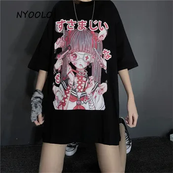 NYOOLO Vintage streetwear anime Cietusī meitene drukāt īsām piedurknēm T-krekls sievietēm, apģērbu Vasaras brīvs O-veida kakla melna tee krekls topi