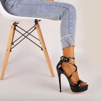Onlymaker Atvērtu Purngalu Platforma Duncis Potītes Siksniņu, Crisscross Modes Sandales Sexy Melnu Lakādas augstpapēžu kurpes Sieviešu Plus Izmēra