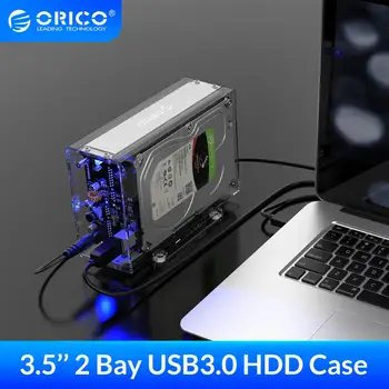 ORICO 3.5 collas 2 Bay HDD Gadījumā Caurspīdīgu Ārējo Disku Kamerā SATA lai USB3.0 Tipa B HDD Box Gadījumā ar 12V3A Strāvas Adapteris