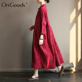 OriGoods garām piedurknēm, Sieviešu Kleita Ķīniešu stilā Pavasara Rudens Gara Kleita 2019 Plus lieluma Vintage Kokvilnas Veļu, Elegantu Kleitu A397