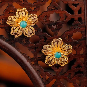 Oriģināla dizainera amatniecības filigrāni Tirkīza Auskari Ķīnas retro stila unikālu šarmu luksusa sieviešu zīmola sudraba rotaslietas
