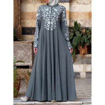OTEN Musulmaņu sieviešu Kleita stand-up apkakle ziedu drukāt lielās šūpoles kleitu Vakara Puse Tuvo Austrumu Elegants Abayas Apģērbi