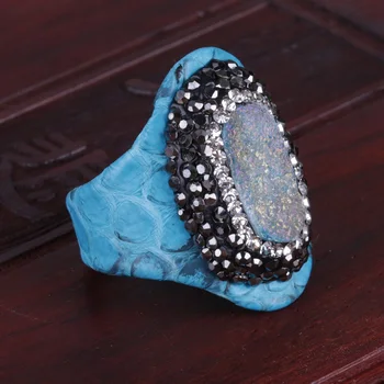 Ovālas aptuvenu druzy drusy akmens lodītes bruģēt rhinestone šarmu reālajā turquoises zilā čūska ādas atvērt gredzenu aproces regulējams unisex