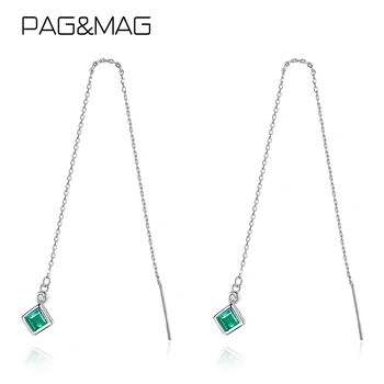 PAG&MAG Elegants 4mm Kvadrātveida Smaragds Ilgi Līnijas Ķēdi, Sudraba 925 Piliens Auskari Sievietēm Dāvanu boucle d'oreille oorbellen
