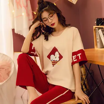 Pajama Komplekti Sieviešu Vasaras Teļš-garums Karikatūra Izdrukāt Liela Izmēra 4XL korejiešu Stilā Šiks Ulzzang Elpojoši Sieviešu Moderns Sleepwear