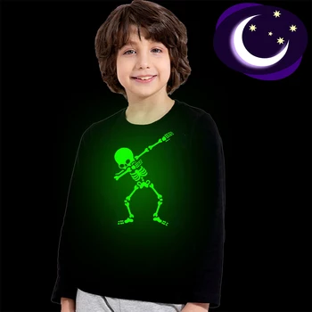 Paliekas uzmanīgi Galvaskausa Smieklīgi Gaismas T-krekls Bērnu Modes garām Piedurknēm, kas Spīd Tumsā, Apģērbu Toddler Zēni Meitenes Halloween Noctilucent Tees