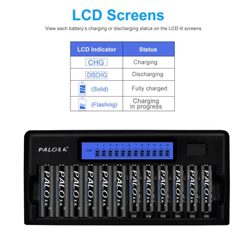 PALO 12 slots AA akumulatoru lādētāju izlādi smart LCD lādētāju 1,2 V NIMH aa aaa nicd akumulators ātri uzlādēt