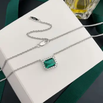 PANSYSEN Jaunu Vintage 6x8MM Emerald Izveidota Moissanite Dārgakmens Kulons Kaklarotas Cietā 925 Sterling Sudraba Smalkas Rotaslietas Kaklarota