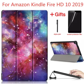 Par Amazon Kindle Fire HD 10 2019 Gadījumā Jaunu Kindle Fire HD10 9. Paaudzes Smart Flip Ādas Stends Tablet Vāks+Filma+Stylus